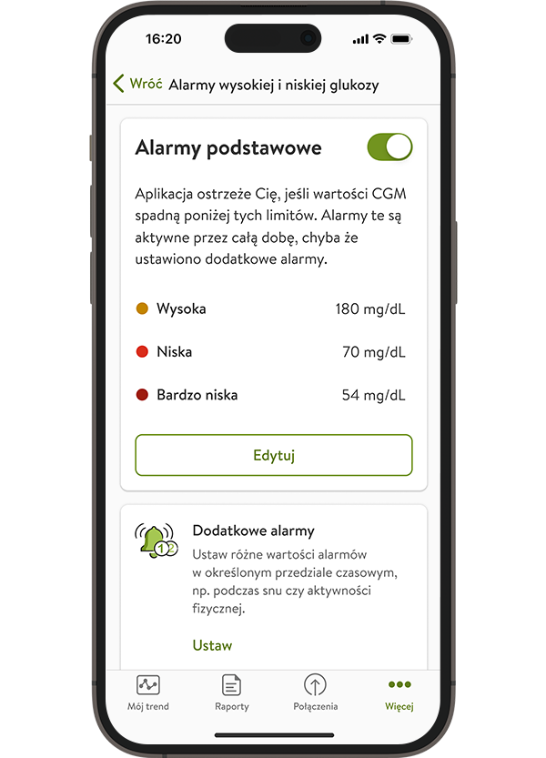 Zrzut ekranu Alarmy glukozy przeglądu glukozy mySugr, zawierający szczegółowe rodzaje alarmów, które można włączyć.