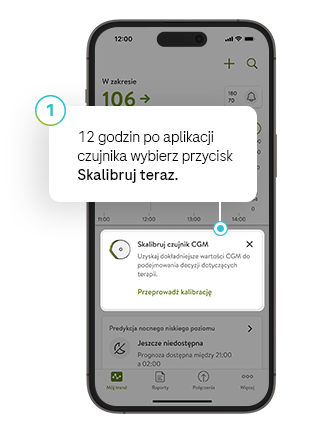 Zrzut ekranu przycisku Kalibruj teraz przeglądu glukozy w aplikacji mySugr.