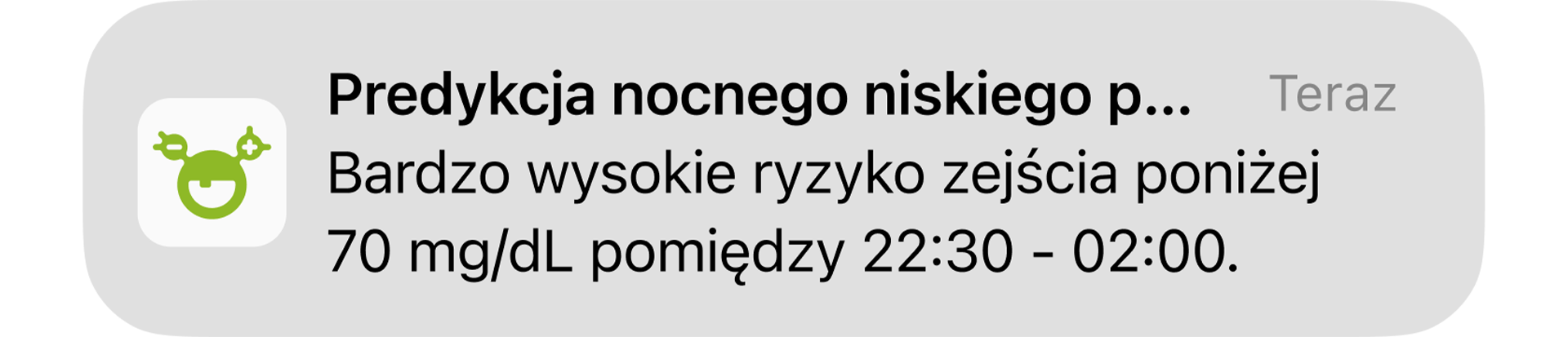 Komunikat „Predykcja nocnego niskiego poziomu” informujący o bardzo wysokim ryzyku wystąpienia hipoglikemii w nocy.