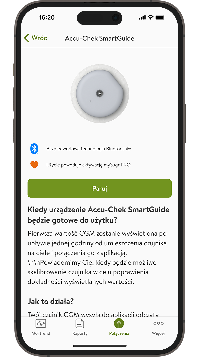 Zrzut ekranu „Połączenie" w aplikacji mySugr.