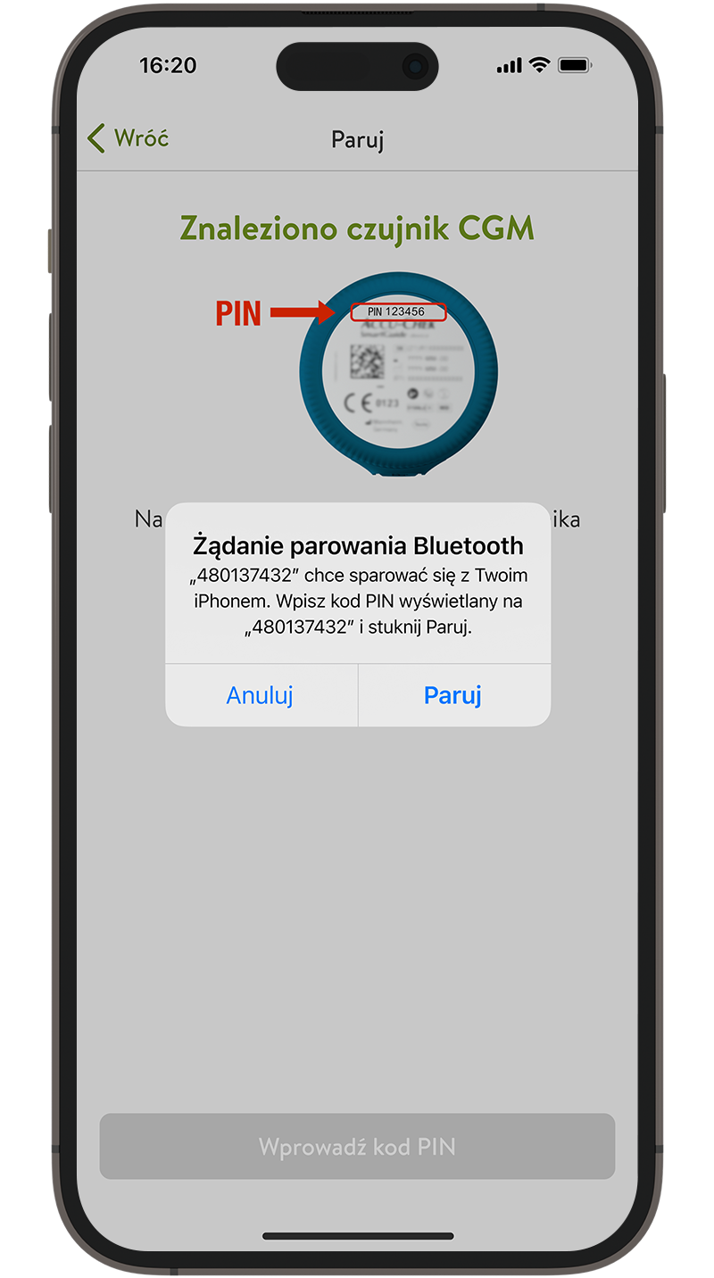: Ekran przedstawiający żądanie powiązania Bluetooth ze smartfonem.