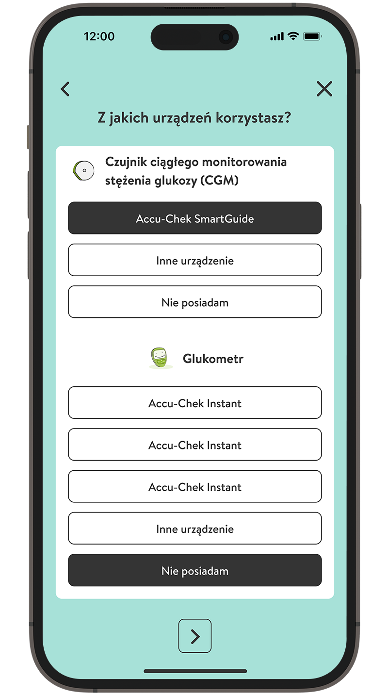 Zrzut ekranu konfiguracji aplikacji mySugr: wybór urządzenia do podawania insuliny.